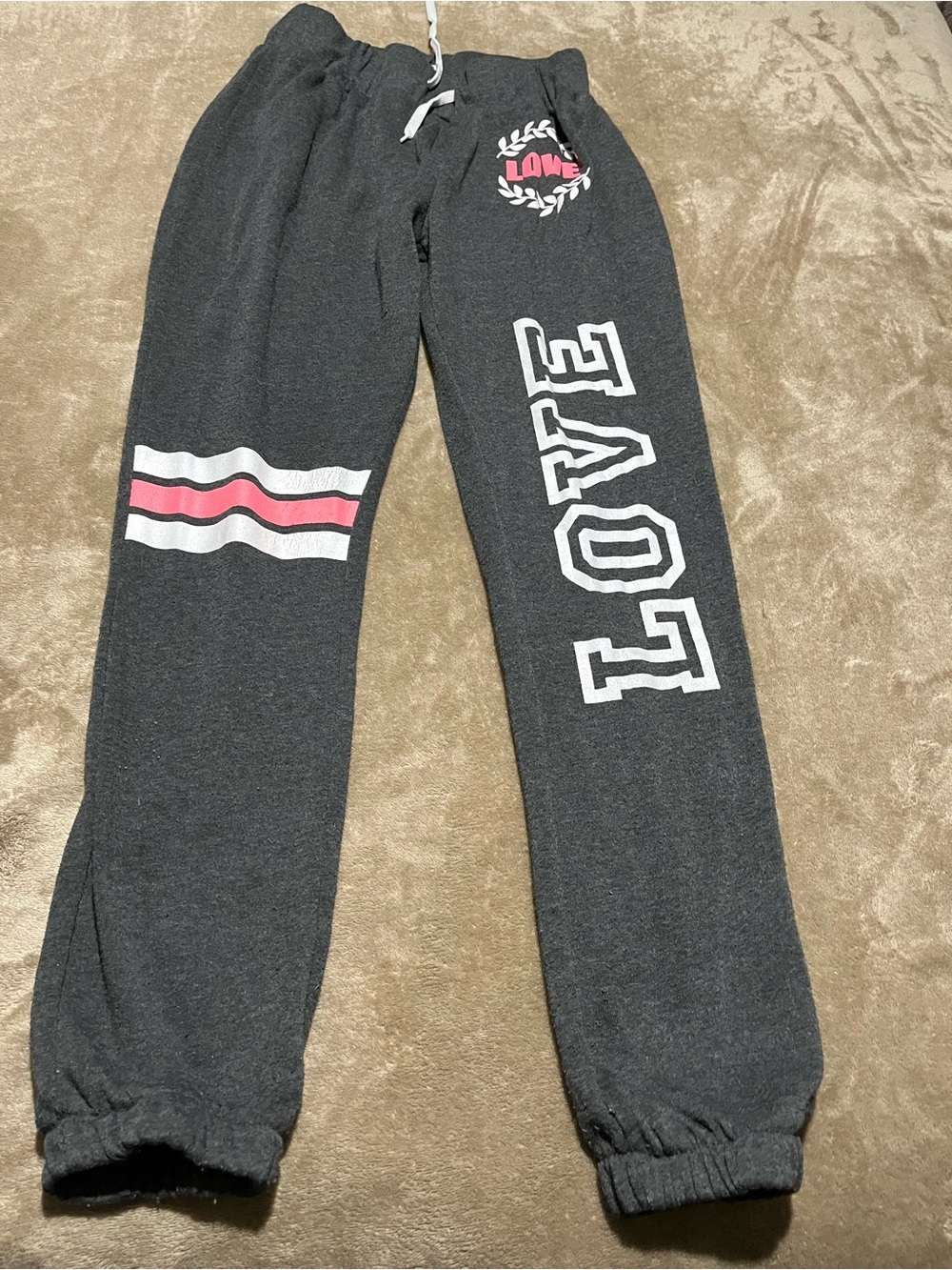 Charcoal 'LOVE' Graphic Sweatpants with Pink Stripe-L